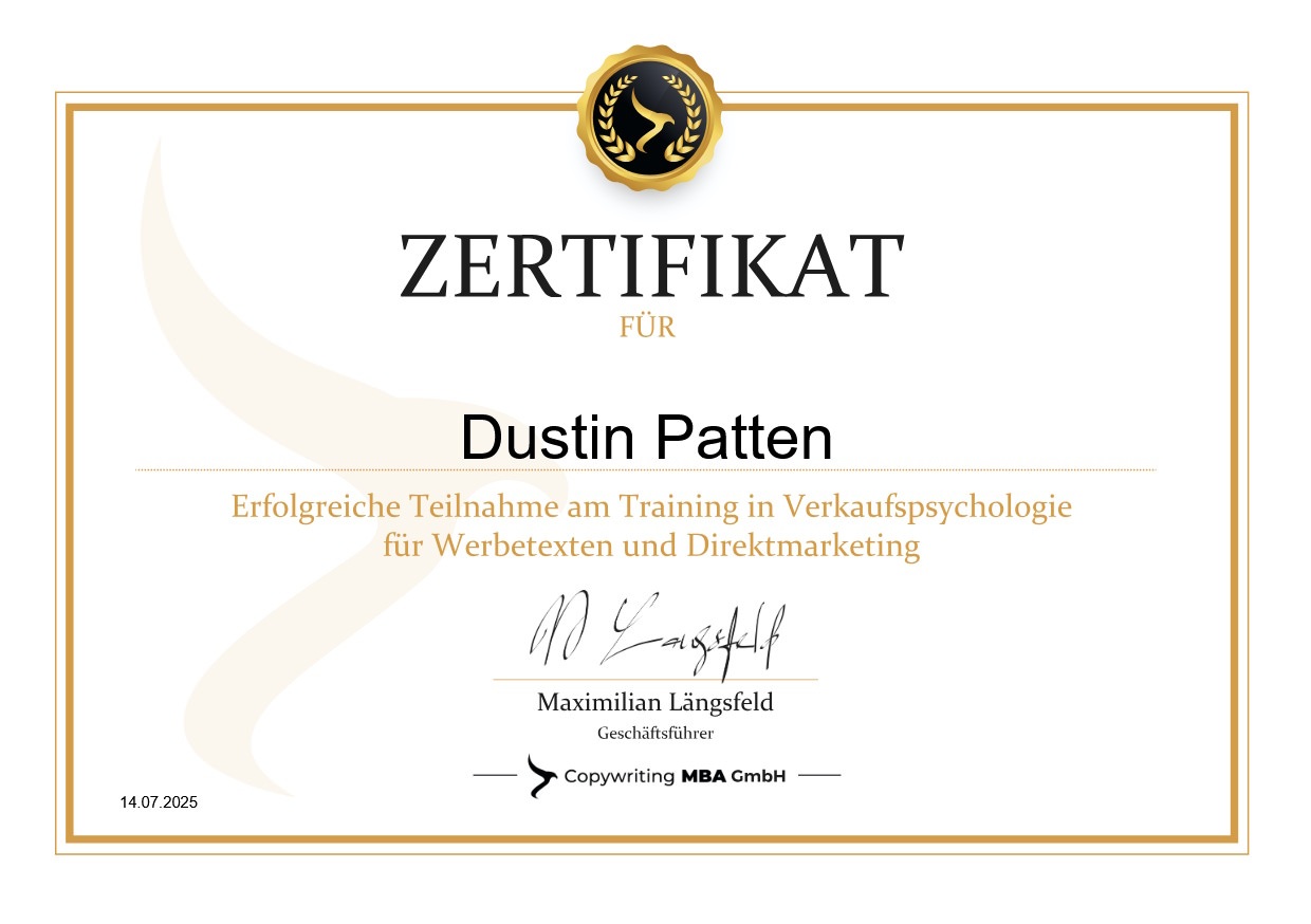 Zertifikat der Copywriting MBA GmbH