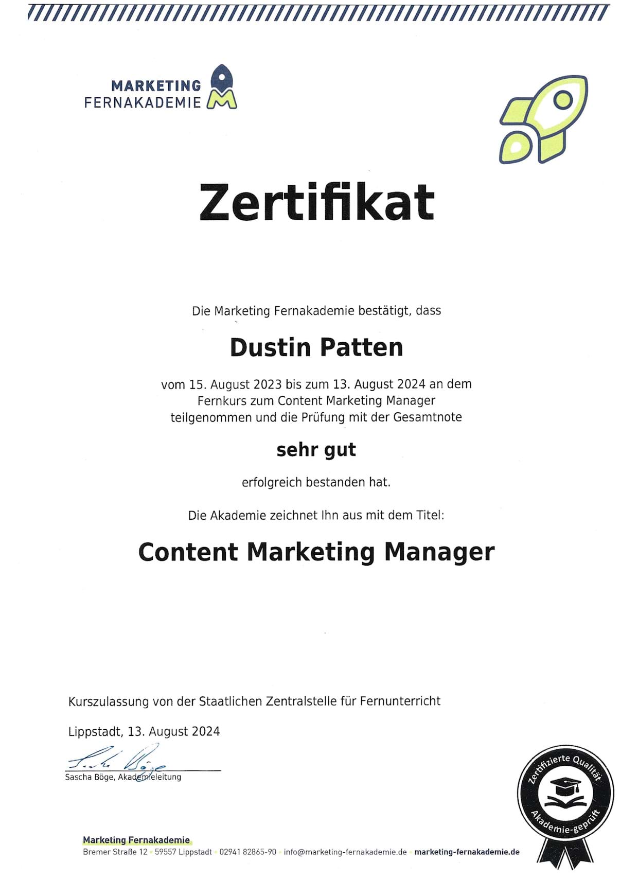 Zertifikat der Marketing Fernakademie