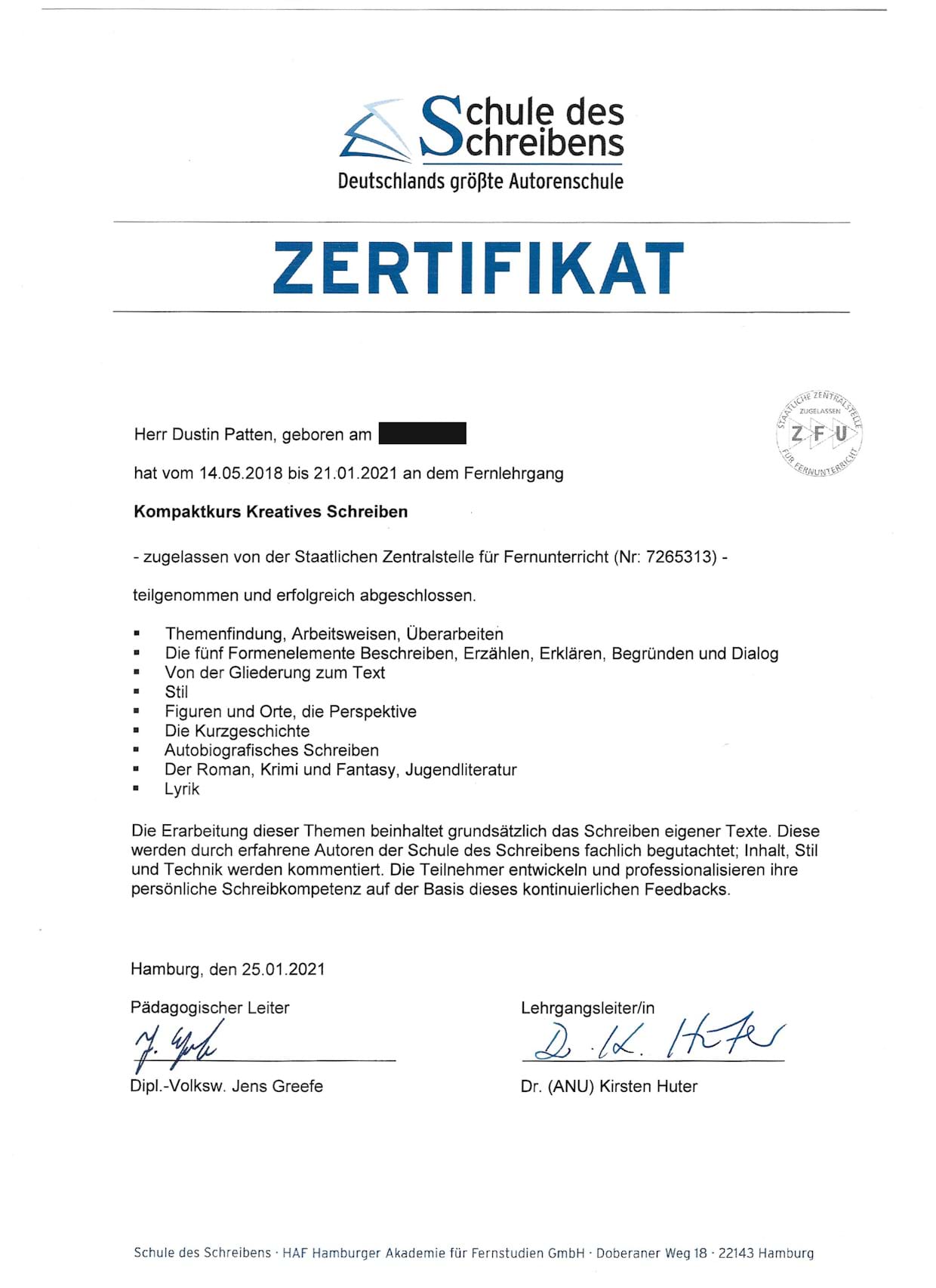 Zertifikat der Schule des Schreibens