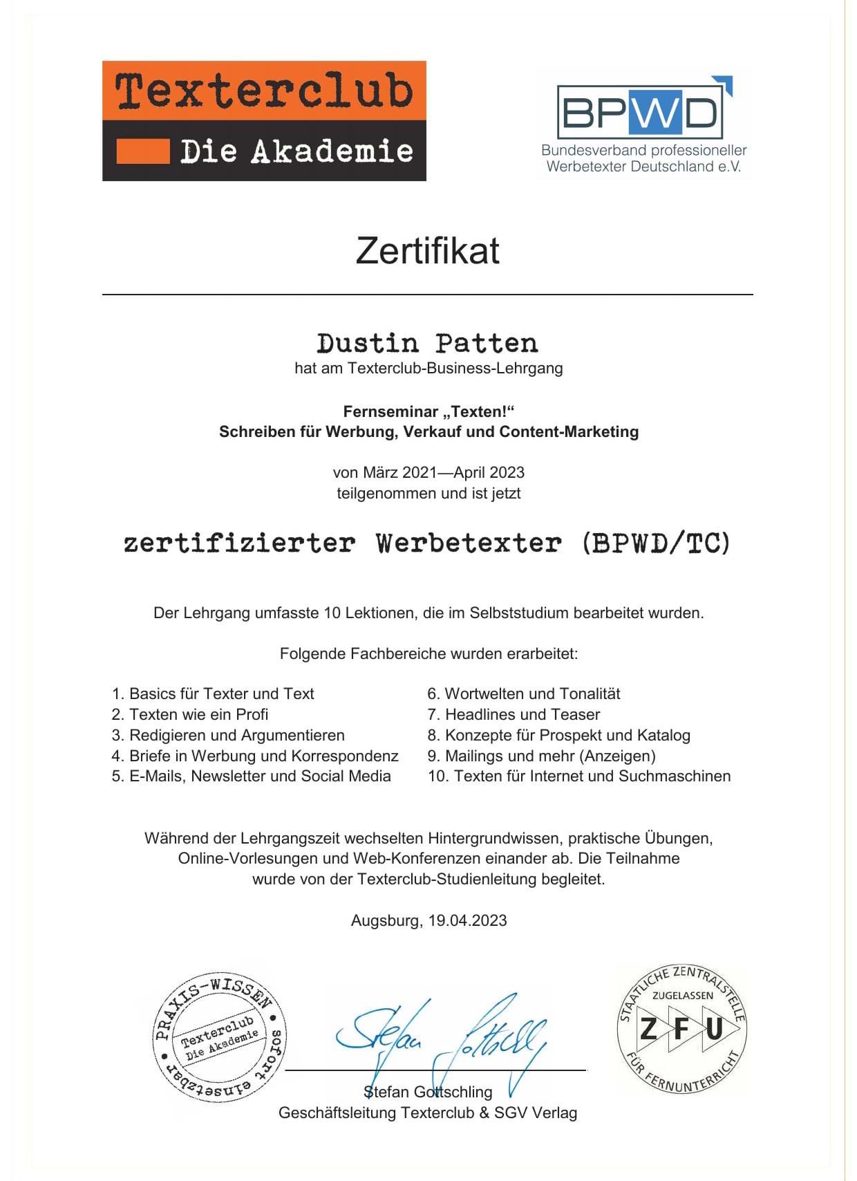 Zertifikat des Texterclubs und des BPWD